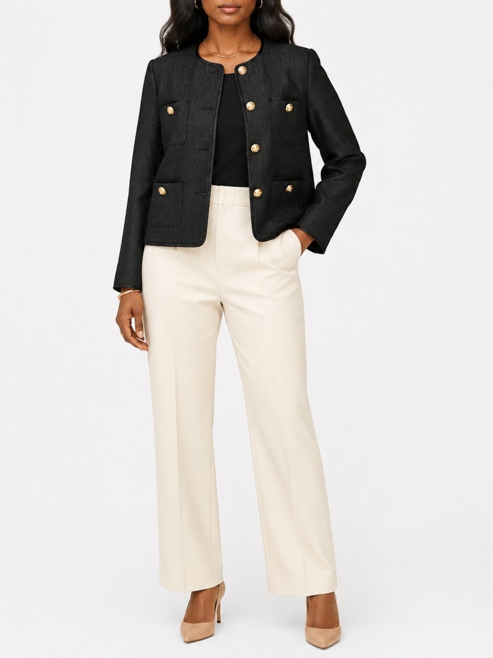 Nwt Cicy Bell Black Cropped Tweed Blazer Jackets With Gold Buttons